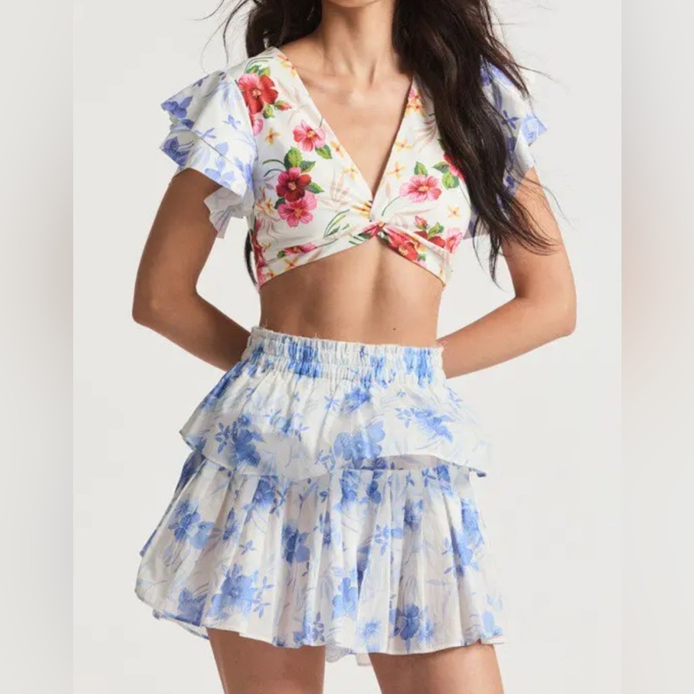 Love Shack Fancy Kiella Floral Ruffle Swimsuit Crop Top S